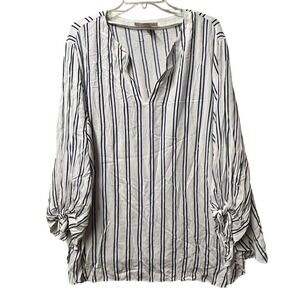 Michael Kors Plus 3X Blouse Top Striped Tie Sleeve V Neck White Blue Tie Sleeve